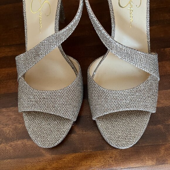 Jessica Simpson Jesimae Gold Shimmer Heels Open Toe Stilettos Evening Size 7.5 - Picture 6 of 9